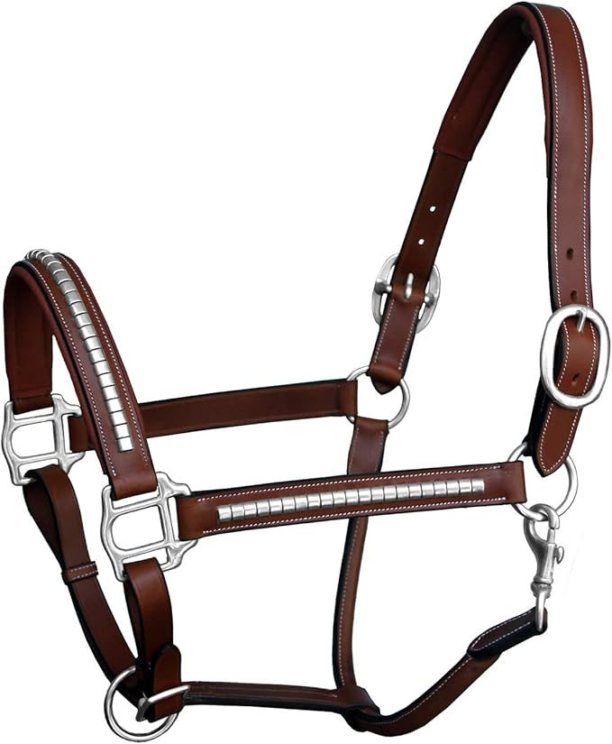 Exion Leather Horse Halter with Padding &amp; Clincher Studs – Adjustable Quick‑Release Crownpiece Halter for Horses – Vegetable‑Tanned Leather in Black &amp; Brown – Cob, Full &amp; Oversize