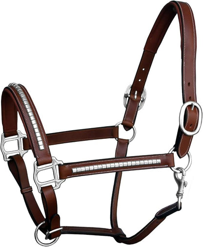 Exion Leather Horse Halter with Padding &amp; Clincher Studs – Adjustable Quick‑Release Crownpiece Halter for Horses – Vegetable‑Tanned Leather in Black &amp; Brown – Cob, Full &amp; Oversize