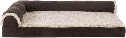 Furhaven Cooling Gel Dog Bed for Medium/Small Dogs w/ Removable Bolsters &amp; Washable Cover, For Dogs Up to 35 lbs - Two-Tone Plush Faux Fur &amp; Suede L Shaped Chaise - Espresso, Medium