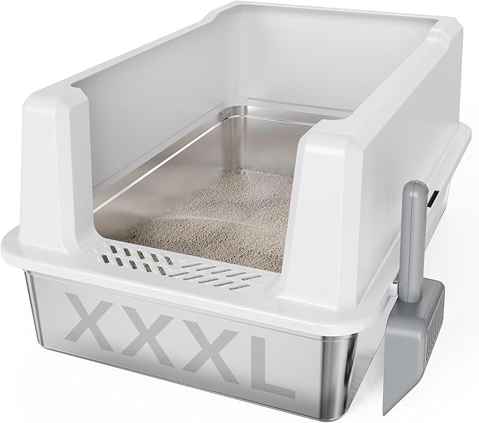 Tripamin XXL Stainless Steel Litter Box with High Sides 28"x20.5"x14" Extra Large Metal Litter Box for Big Cats&amp;Multiple cat, Jumbo Top Entry Litter Pan with lid (White, XXX-Large)