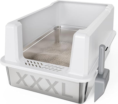 Tripamin XXL Stainless Steel Litter Box with High Sides 28"x20.5"x14" Extra Large Metal Litter Box for Big Cats&amp;Multiple cat, Jumbo Top Entry Litter Pan with lid (White, XXX-Large)