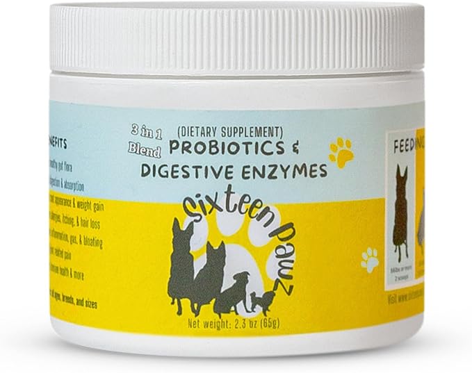 Dog &amp; Cat Probiotics, Prebiotics, &amp; Digestive Enzymes – Flavorless Powder for Gut Health, Allergies, Itchy Skin, Gas &amp; Diarrhea – Organic, Vet-Approved – 65g Bottle (Up to 65 Servings)