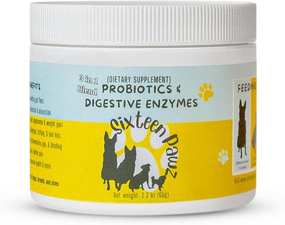 Dog &amp; Cat Probiotics, Prebiotics, &amp; Digestive Enzymes – Flavorless Powder for Gut Health, Allergies, Itchy Skin, Gas &amp; Diarrhea – Organic, Vet-Approved – 65g Bottle (Up to 65 Servings)