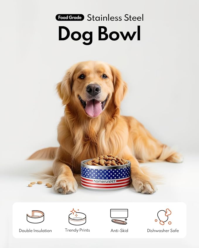 Homerunpet Double Wall Stainless Steel Dog Bowls, Non-Slip Base, Dishwasher Safe, Durable Pet Food &amp; Water Bowl for Dogs &amp; Cats(32oz, American Flag)