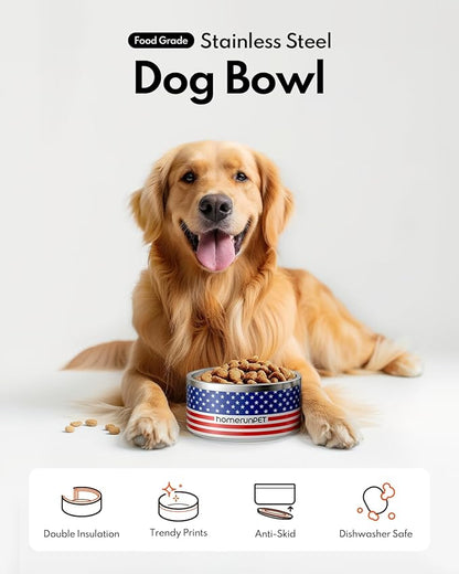 Homerunpet Double Wall Stainless Steel Dog Bowls, Non-Slip Base, Dishwasher Safe, Durable Pet Food &amp; Water Bowl for Dogs &amp; Cats(32oz, American Flag)