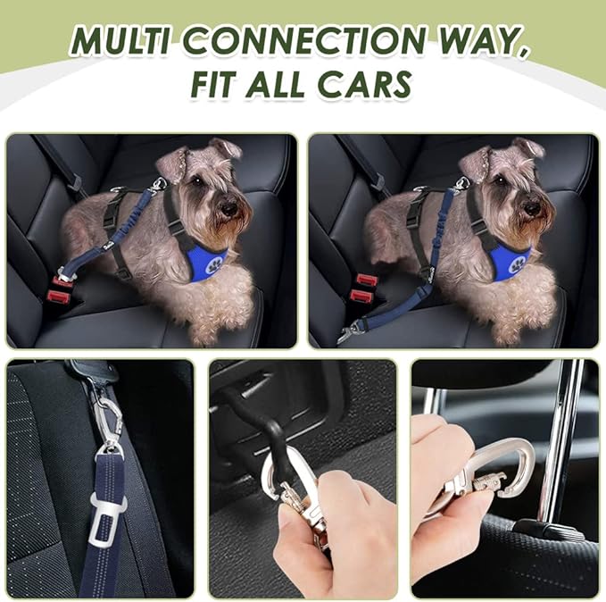 Lukovee Dog Seat Belt for Car, Adjustable Dog Car Harness for Large Medium Small Dogs, Soft Padded &amp; Breathable Mesh Dog Seatbelt with Car Strap and Carabiner(Blue Double Clip,Small)