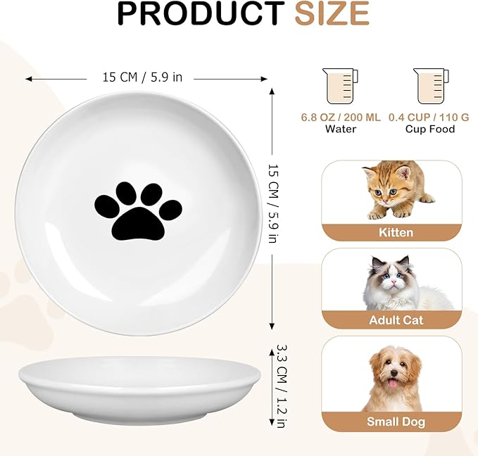 TRUVIC 4 Pack Ceramic Cat Food Bowls, 5.9 Inch Ceramic Cat Dishes Set for Indoor Cats and Small Dogs, Anti Whisker Fatigue Kitten Bowls, Wide Shallow Kitten Plates for Food and Water (Cat&