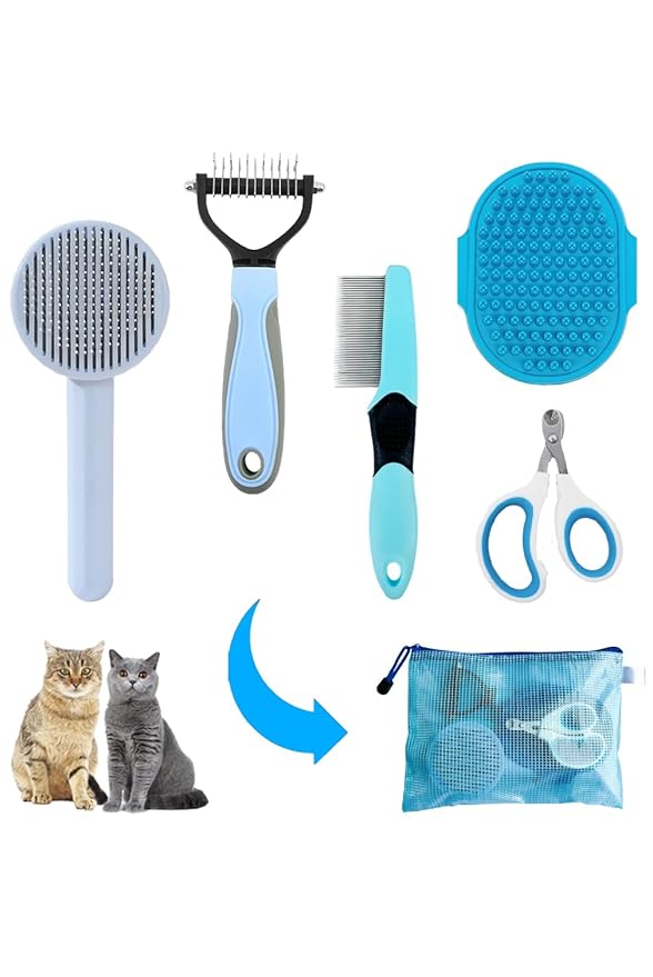 Grooming Brush Kit - 5pcs for Shedding &amp; Matted Fur, Self-Cleaning with Flea Comb for Indoor Long-Haired Cats, Blue