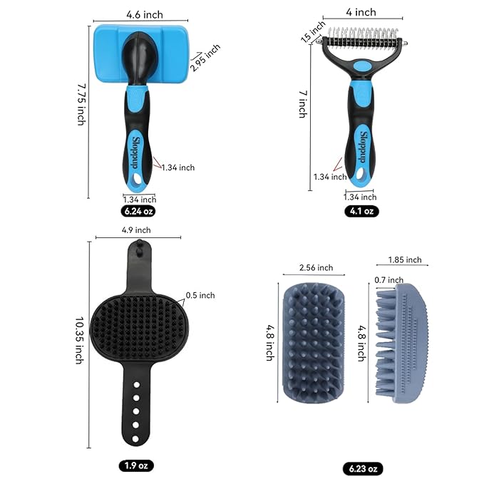 Dog Brush Kit for Grooming Short &amp; Long Haired Dogs &amp; Cats, 4-in-1 Pet Grooming Set with Self-Cleaning Slicker Brush, Deshedding Tool, Shampoo Bath Comb, Massge Comb (Blue Black)
