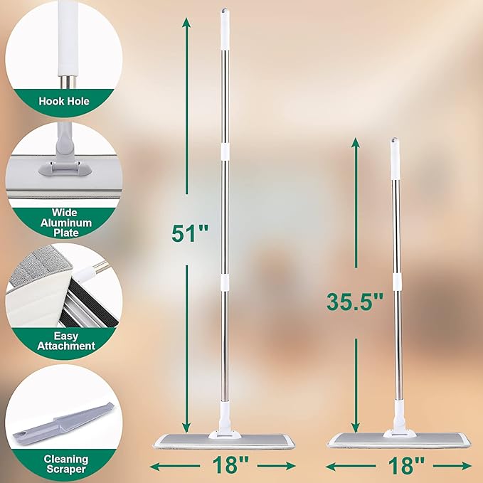 18" Professional Microfiber Mop Floor Cleaning System, Flat Mops with Stainless Steel Handle, 4 Reusable Washable Mop Pads, Wet and Dust Mopping for Hardwood, Vinyl, Laminate (White&amp;Grey)
