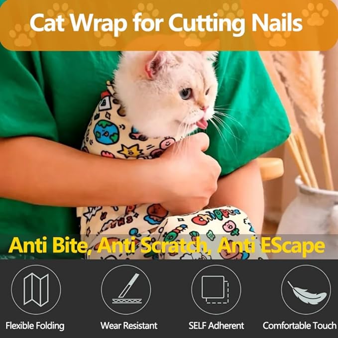 Magic Cat Wrap for Cutting Nails &amp; Grooming, Self Adherent Fabric Wrap for Cats, Multi Functional Pet Grooming Towel Blanket, Wrap Snug and Groom for Cats, 27.6 in, Under 22 Ibs