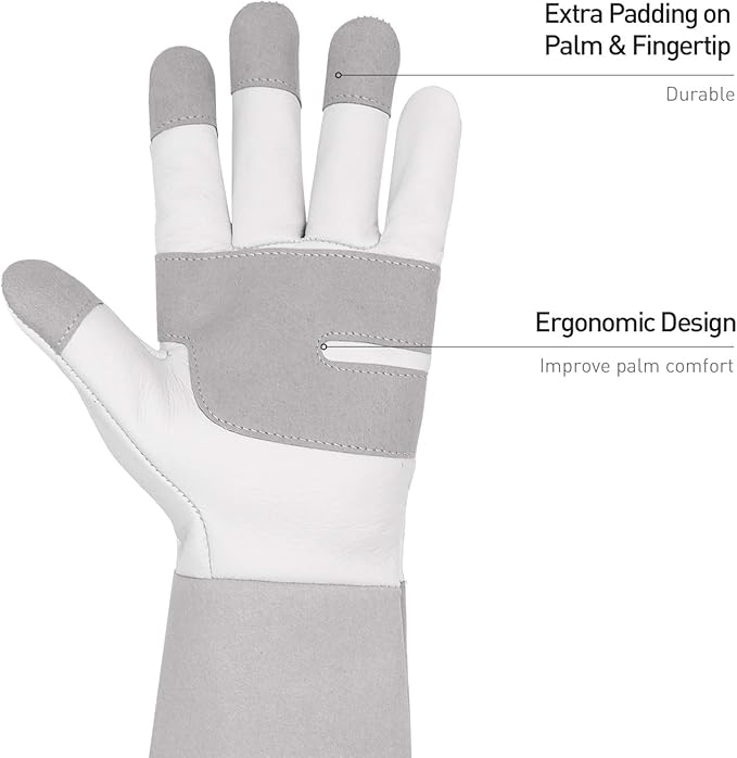HANDLANDY Long Gardening Gloves for Men &amp; Women, Thorn Proof Rose Pruning Gloves Leather Gauntlets Garden Glove Yard Work Glove (Medium, Grey)