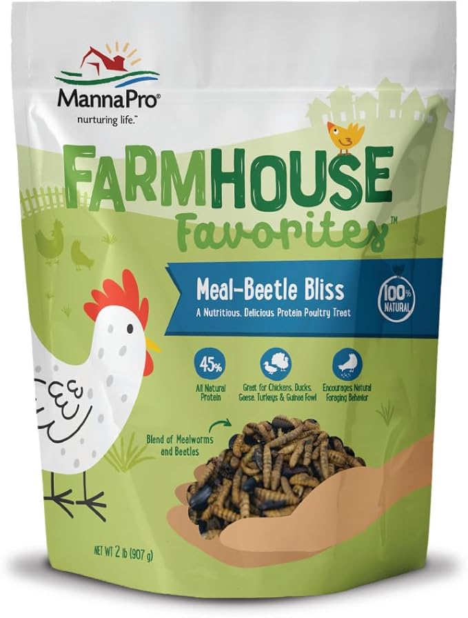 Manna Pro Farmhouse Favorites Beetle Bliss Poultry Treat – Blend of Mealworms and Beetles – All Natural Treat for Chickens, Ducks, Geese, Turkeys, &amp; Guinea Fowl – 45% Protein – 2lb Bag