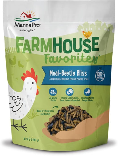 Manna Pro Farmhouse Favorites Beetle Bliss Poultry Treat – Blend of Mealworms and Beetles – All Natural Treat for Chickens, Ducks, Geese, Turkeys, &amp; Guinea Fowl – 45% Protein – 2lb Bag