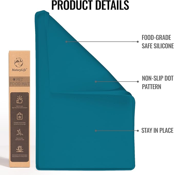 MateeyLife Dog &amp; Cat Food Water Mat for Floors Waterproof, Nonslip Pets Bowl Feeding Mats with Raised Edges, Silicone Matt Tray for Messy Drinkers, 18"x12", Teal