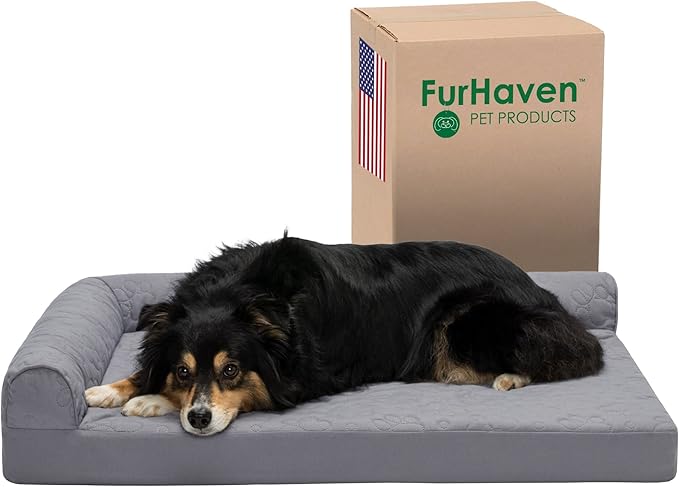 Furhaven Cooling Gel Dog Bed for Large/Medium Dogs w/ Removable Bolsters &amp; Washable Cover, For Dogs Up to 55 lbs - Pinsonic Quilted Paw L Shaped Chaise - Titanium, Large