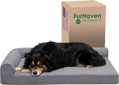 Furhaven Cooling Gel Dog Bed for Large/Medium Dogs w/ Removable Bolsters &amp; Washable Cover, For Dogs Up to 55 lbs - Pinsonic Quilted Paw L Shaped Chaise - Titanium, Large