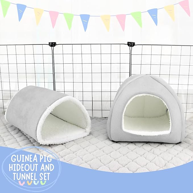 Guinea Pig Hideout and Tunnel Set, Soft Plush Bed &amp; Play Tunnel for Guinea Pigs, Rabbits, Ferrets, Small Animals - Washable Accessories for Resting, Hiding, Exercising