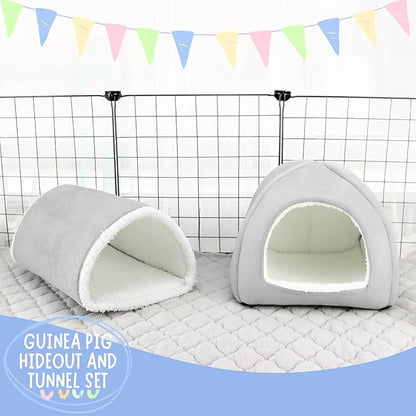 Guinea Pig Hideout and Tunnel Set, Soft Plush Bed &amp; Play Tunnel for Guinea Pigs, Rabbits, Ferrets, Small Animals - Washable Accessories for Resting, Hiding, Exercising