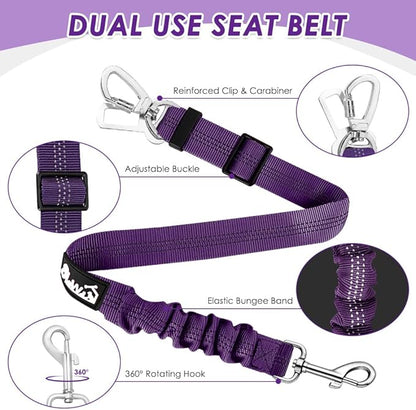 Lukovee Dog Seat Belt for Car, Adjustable Dog Car Harness for Large Medium Small Dogs, Soft Padded &amp; Breathable Mesh Dog Seatbelt with Car Strap and Carabiner(Purple Double Clip,XX-Small)
