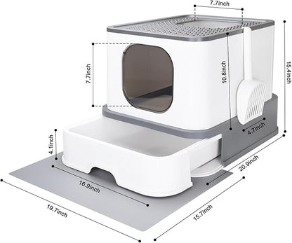 RIZZARI Cat Litter Box Stainless Steel Top-Entry : Leak-Proof Enclosed Design Reduces Odor, for Indoor Cats &amp; Owners (Dark Gray)
