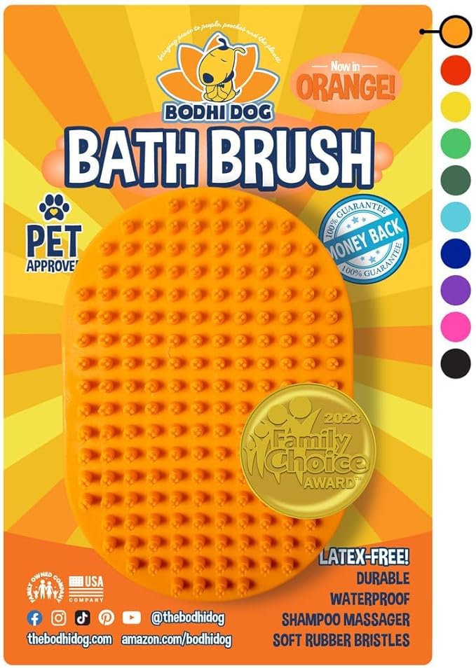 Bodhi Dog Shampoo Brush - Pet Grooming &amp; Bath Supplies for Dogs and Cats - Bath Brush for Long &amp; Short Hair - Premium Scrubber for Shower, Bathing &amp; Massage (One Pack, Orange)