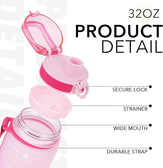 32oz Motivational Water Bottles with Time Marker &amp; Fruit Strainer, Transparent Gradient Color Water Bottle with Times to Drink, Leakproof &amp; BPA Free, Reusable Bottle with Strap (No Straw)
