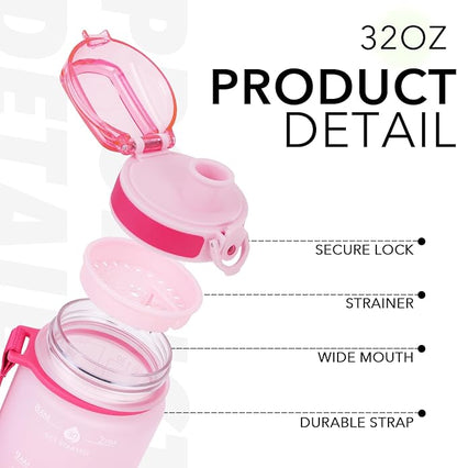 32oz Motivational Water Bottles with Time Marker &amp; Fruit Strainer, Transparent Gradient Color Water Bottle with Times to Drink, Leakproof &amp; BPA Free, Reusable Bottle with Strap (No Straw)