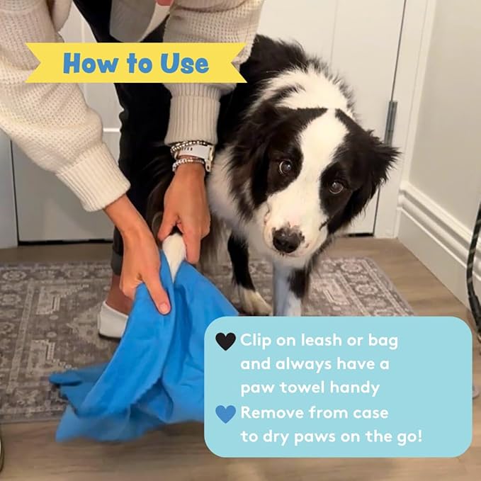 Sweet Paws Portable Dog Paw Towel, Lightweight &amp; Super Absorbent Microfiber, Clips onto Leash, Quick Drying Towel for Dogs Paws with Silicone Case, Dry Dog’s Paws on The Go - Large - Clean Slate