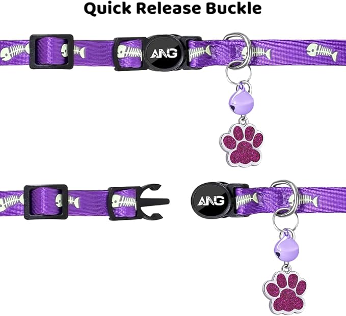 Personalized Breakaway Cat Collars Glow-in-The-Dark with ID Tag, Bell - Safety Quick - Release, Customizable for Female Male Kittens &amp; Cats (Purple)
