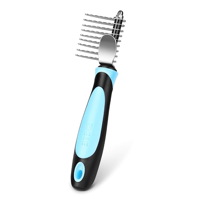 Flexzion Dogs Dematting Comb, Stainless Steel Blades Rakes, for Pets Cats Animals Matted Knotted Hair, Brush Cutting Removing Grooming Tool with Smooth Teeth Needle - Black &amp; Blue Handle