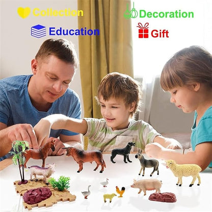 Farm Animal Figurines, Realistic Plastic Animals Toys with Fences Building Blocks, Farm Figures Playset Educational Birthday Gift for Kids &amp; Toddlers, 53 PCS