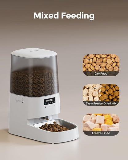 Cat Feeder Automatic - Cat Food Dispenser MeowServe S20, Auto Dog Feeder with Stainless Steel Bowl, 5L Pet Feeder with Patented Anti-Jam Port, App, Dual Lock Lid, Dual-Band WiFi &amp; Power, White