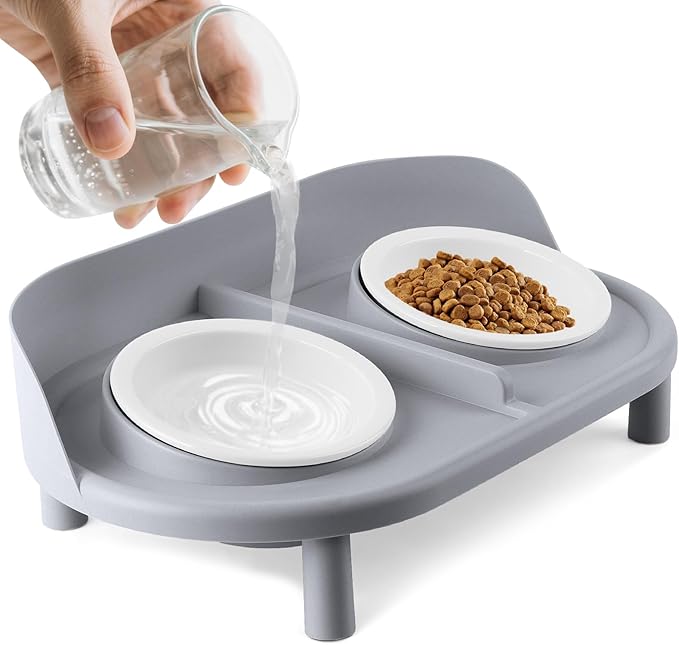 Elevated Cat Bowls, Tilted Rised Cat Food and Water Bowl with 2 Pcs Ceramic Pet Bowls, Rised Stand, Pet Dish Anti Vomiting Feeding Station for All Sized Cats &amp; Small Dogs (Grey)