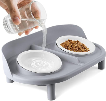 Elevated Cat Bowls, Tilted Rised Cat Food and Water Bowl with 2 Pcs Ceramic Pet Bowls, Rised Stand, Pet Dish Anti Vomiting Feeding Station for All Sized Cats &amp; Small Dogs (Grey)