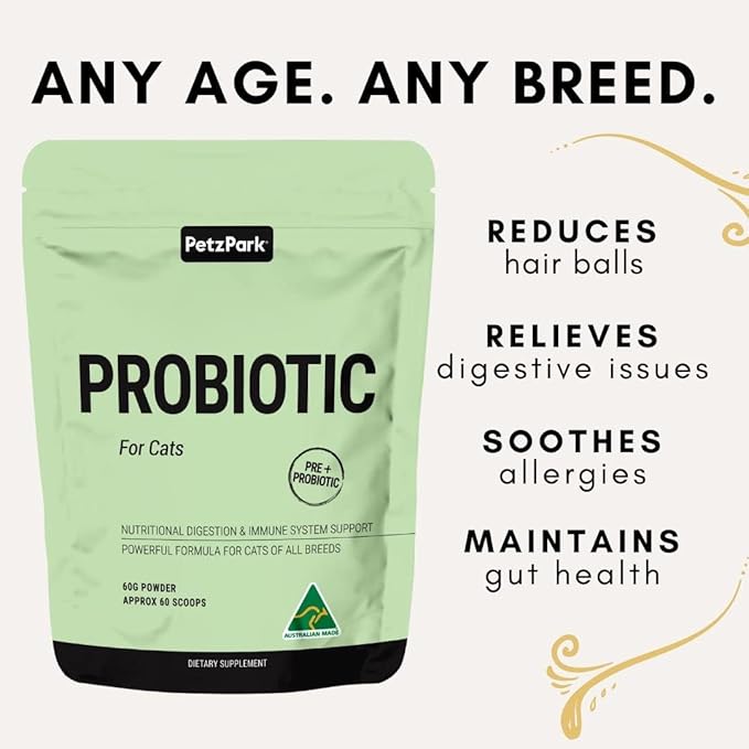Probiotic for Cats &amp; Kittens - Cat Probiotic Powder for Hairball Prevention, Digestive Support, Immune Health, Prebiotics, and Diarrhea Relief - Suitable for Indoor Cats &amp; Kittens - 60 Scoops