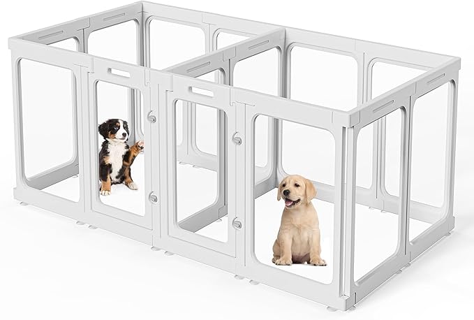 Clear Acrylic Dog Playpen with Door, for Puppy Cat Rabbit Transparent Pet Pen, Dog Playpen Indoor, Dog Fence, Easy Assemble &amp; Cleaning Dog Pen for Small &amp; Medium Dogs (29.5“ Height, 14PCS)