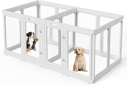 Clear Acrylic Dog Playpen with Door, for Puppy Cat Rabbit Transparent Pet Pen, Dog Playpen Indoor, Dog Fence, Easy Assemble &amp; Cleaning Dog Pen for Small &amp; Medium Dogs (29.5“ Height, 14PCS)
