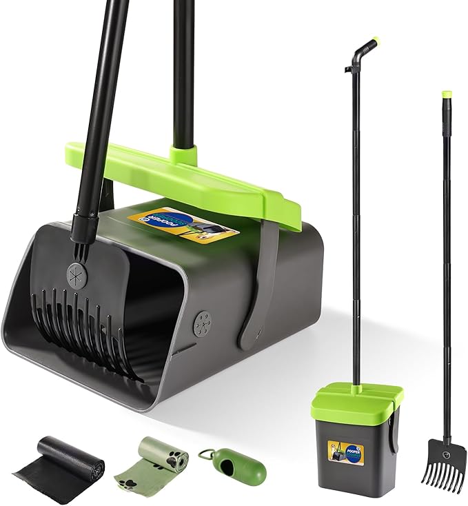 Pooper Scooper Swivel Bin &amp; Rake Kit with 35 Bags – 46" Long Handle Heavy Duty Dog Poop Scooper with Bag Attachment, Yard Pet Waste Cleanup Tool for Large Medium Small Dogs