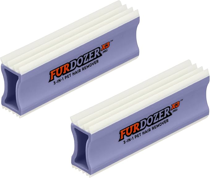 FurDozer X3 PRO Pet Hair Remover &amp; Auto Detailing Tool - Cat &amp; Dog Hair Remover for Carpet, Cars, Couch, Bedding, &amp; Furniture - Reusable Pet Hair Removal Tool for Fur &amp; Lint, 5" (Purple, 2-Pack)
