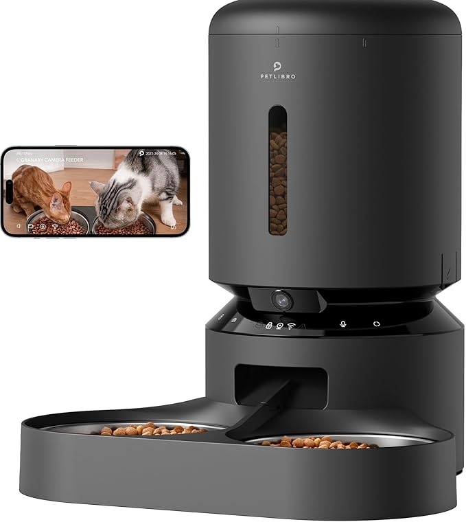 PETLIBRO Automatic Cat Feeder with Camera for Two Cats, 1080P HD Video with Night Vision, 5G WiFi Pet Feeder with 2-Way Audio for Cat &amp; Dog, Low Food &amp; Motion &amp; Sound Alerts, Dual Tray, Black 5L