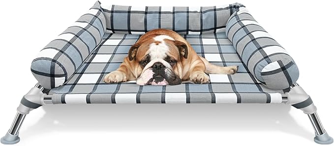 Elevated Raised Dog Bed Cot - Cooling Dog Bed with Pillows, Portable Washable Pet Cot with Metal Frame for Indoor &amp; Outdoor Use