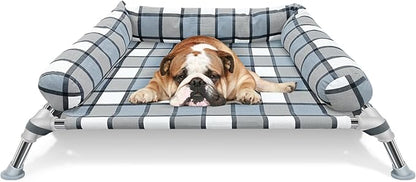 Elevated Raised Dog Bed Cot - Cooling Dog Bed with Pillows, Portable Washable Pet Cot with Metal Frame for Indoor &amp; Outdoor Use