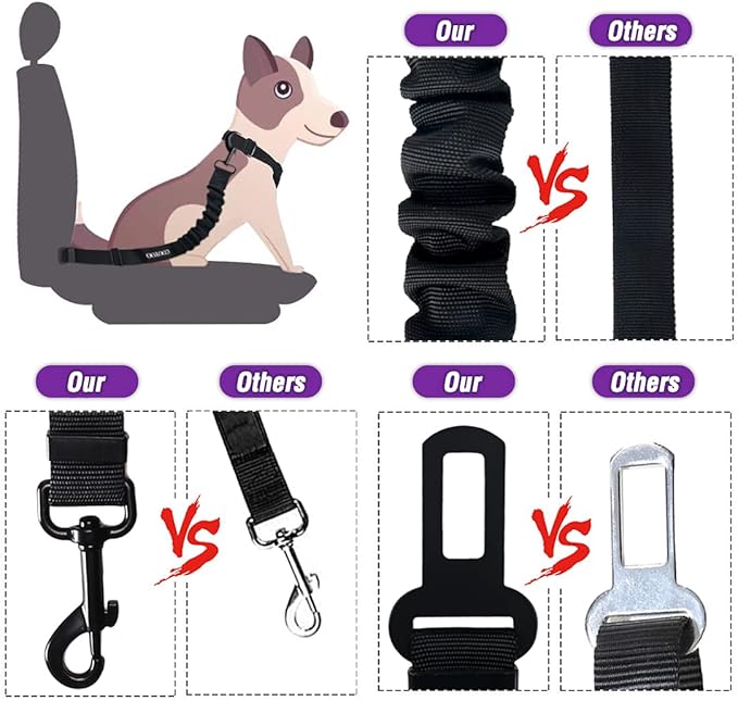 COOYOO Dog Seat Belt,3 Piece Set Retractable Dog Car Harness Adjustable for Vehicle Nylon Pet Safety Heavy Duty &amp; Elastic