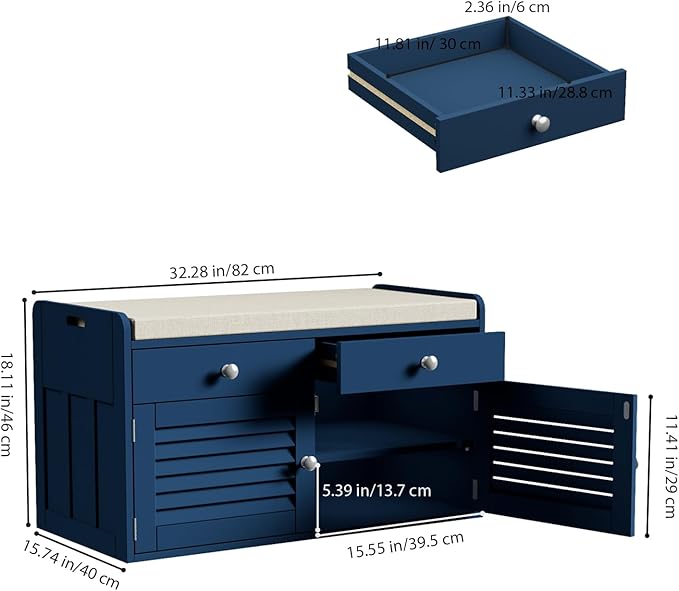 Shoe Storage Bench with 2 Drawers &amp; 2 Doors, Entryway Bench with Cushion, 2 Adjustable Shelves, Shoe Cabinet for Entryway, Living Room, Hallway, Mudroom, Bedroom, Blue
