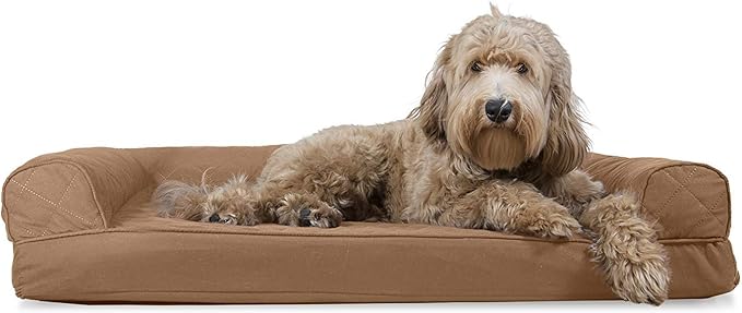 Furhaven Cooling Gel Dog Bed for Large/Medium Dogs w/ Removable Bolsters &amp; Washable Cover, For Dogs Up to 55 lbs - Quilted Sofa - Toasted Brown, Large