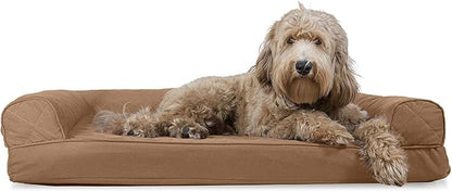 Furhaven Cooling Gel Dog Bed for Large/Medium Dogs w/ Removable Bolsters &amp; Washable Cover, For Dogs Up to 55 lbs - Quilted Sofa - Toasted Brown, Large
