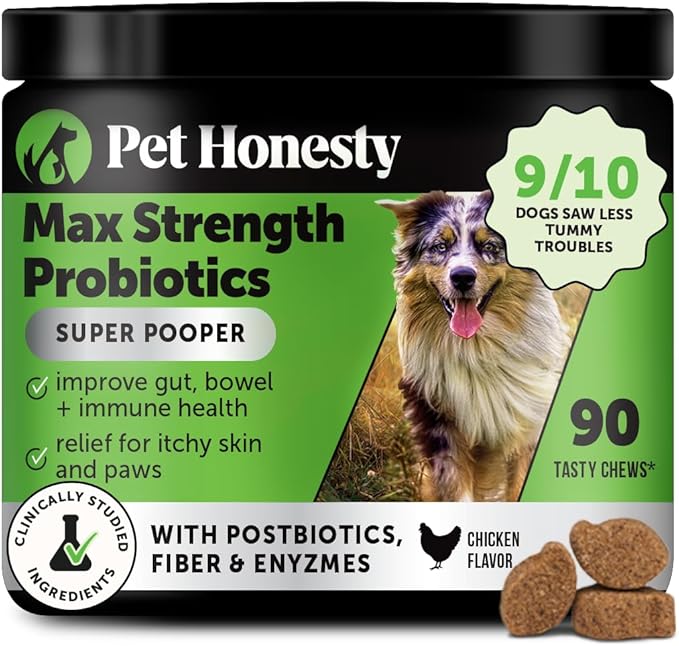 Max Strength Probiotics for Dogs - Super Pooper Dog Stool Hardener with Fiber &amp; Digestive Enzymes, Reduce Occasional Diarrhea for Firm Perfect Poops (90 Ct)