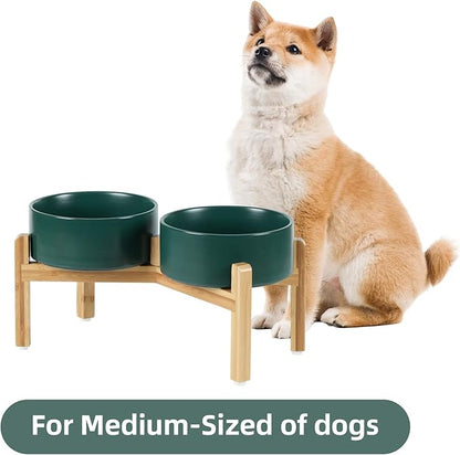 Ceramic Raised Double Bowls Set with Stand, Food &amp; Water Bowls for Medium Breed Dogs, Weighted Dog Dishes, Pet Bowl(7.3&