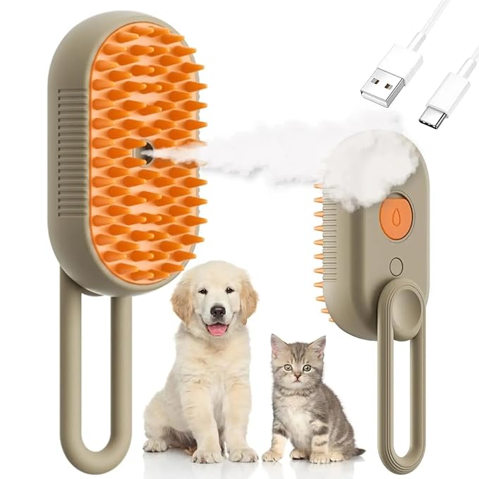 4 in 1 Cat Steam Brush Rechargeable pet spray comb Steam Brush for Cats and Dogs, Massage, Cleaning, Shedding &amp; Combing Multifunctional Hair Removal Anti Static Grooming Tool for home (Beige)